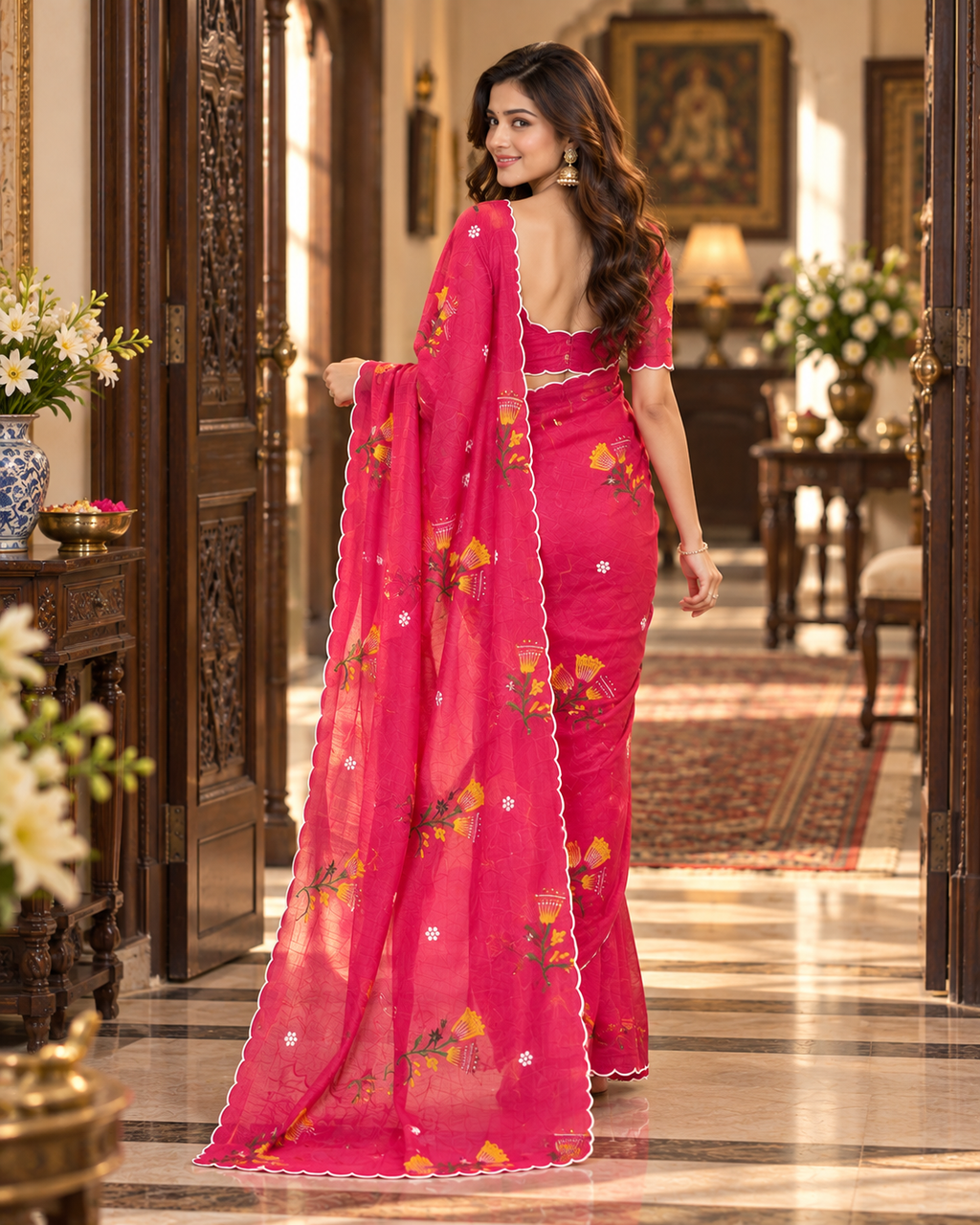 Soft Crush Silk Thread Flower Embroidery Work Saree With Unstitched  Blouse (Red)