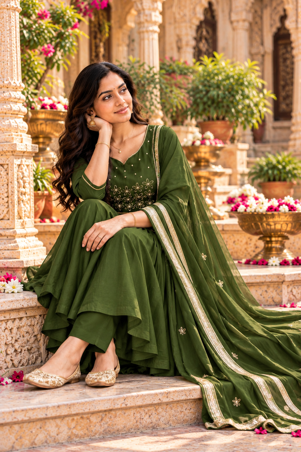Chanderi Cotton Kurti Pant Set With Dupatta(Green)