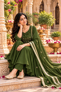 Chanderi Cotton Kurti Pant Set With Dupatta(Green)