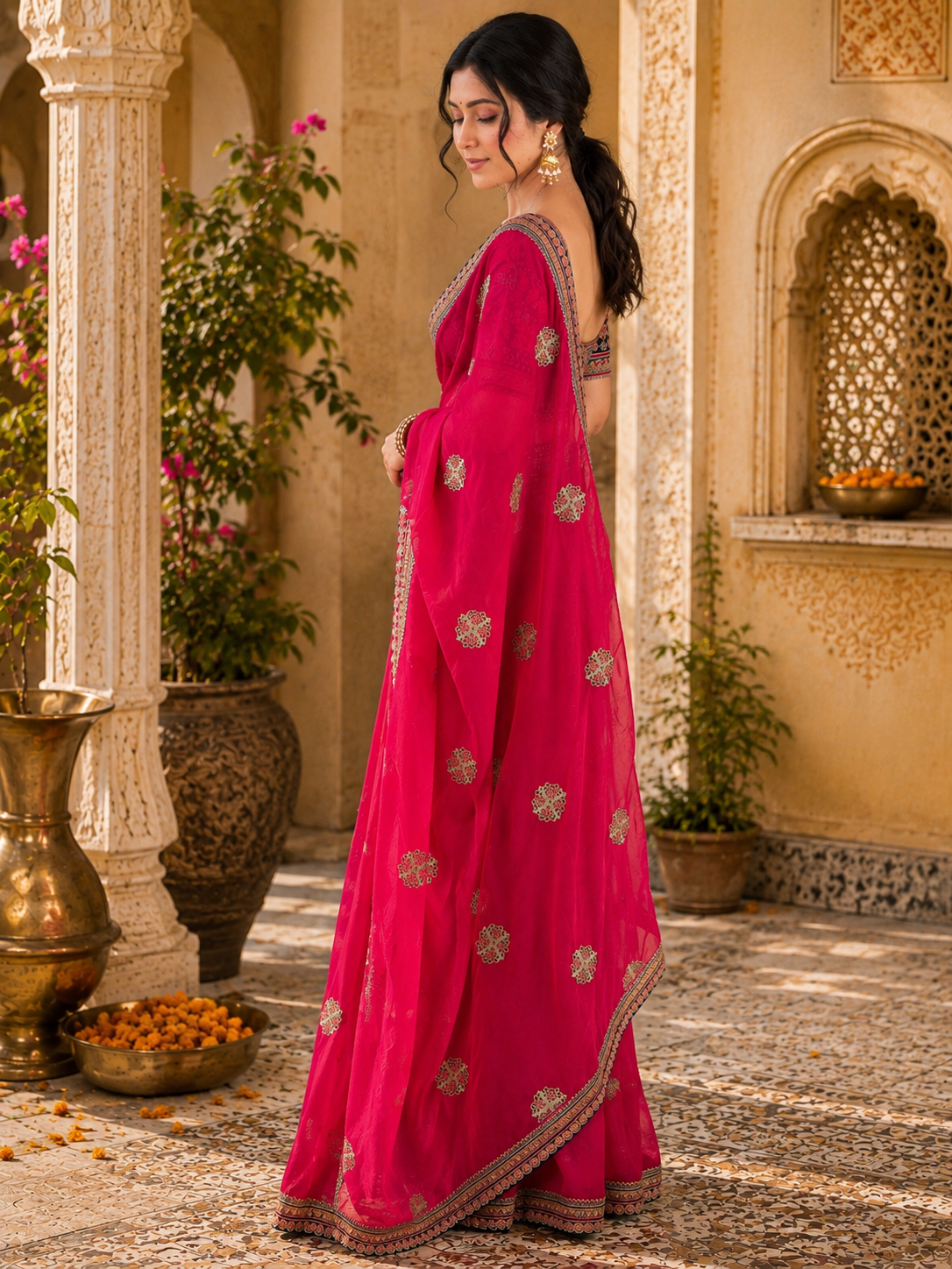 Satin Embroidery Work Saree With Unstitched Blouse(Rani)