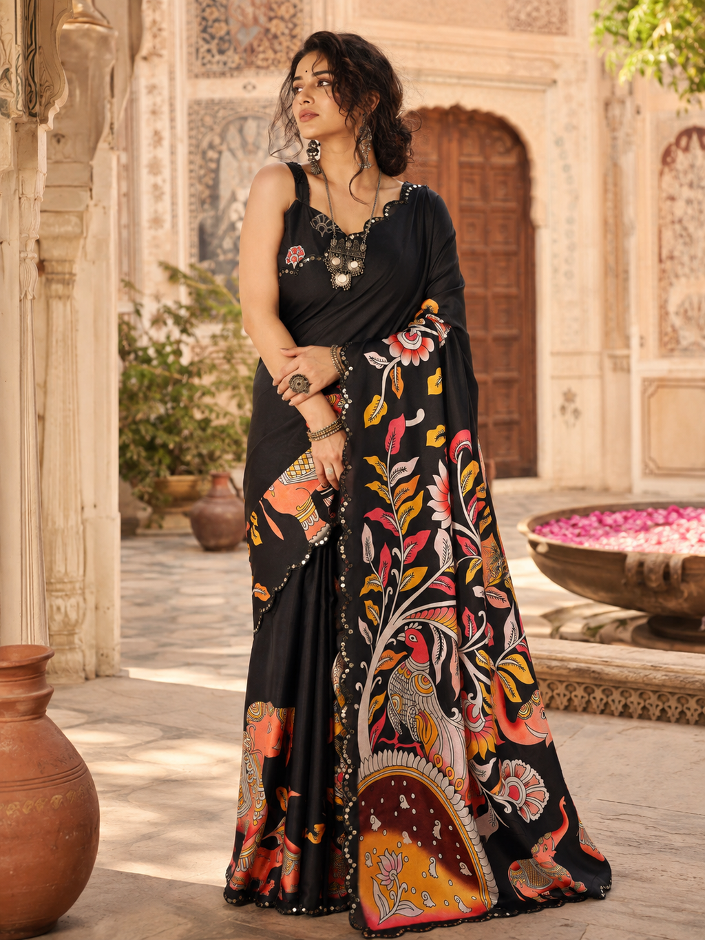 Manipuri Silk Kalamkari Print Saree With Unstitched Blouse(Black)