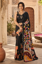 Manipuri Silk Kalamkari Print Saree With Unstitched Blouse(Black)