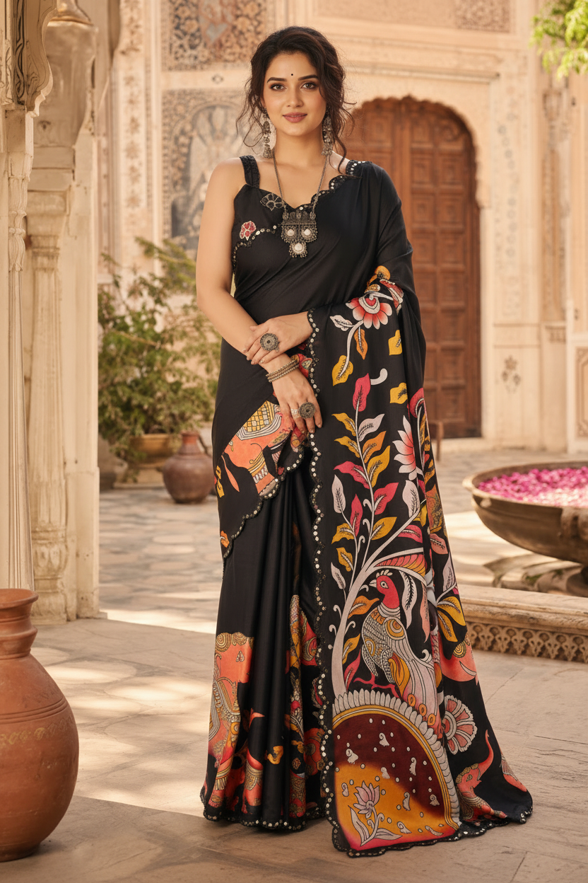 Manipuri Silk Kalamkari Print Saree With Unstitched Blouse(Black)