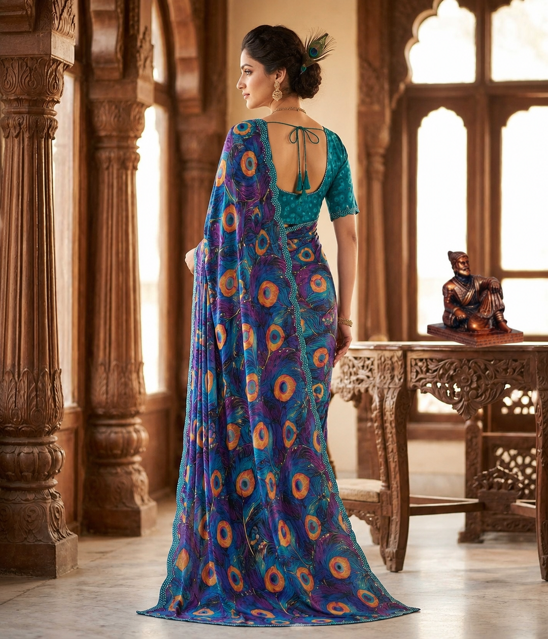 Georgette Digital Print Saree With Unstitched Blouse(Blue)