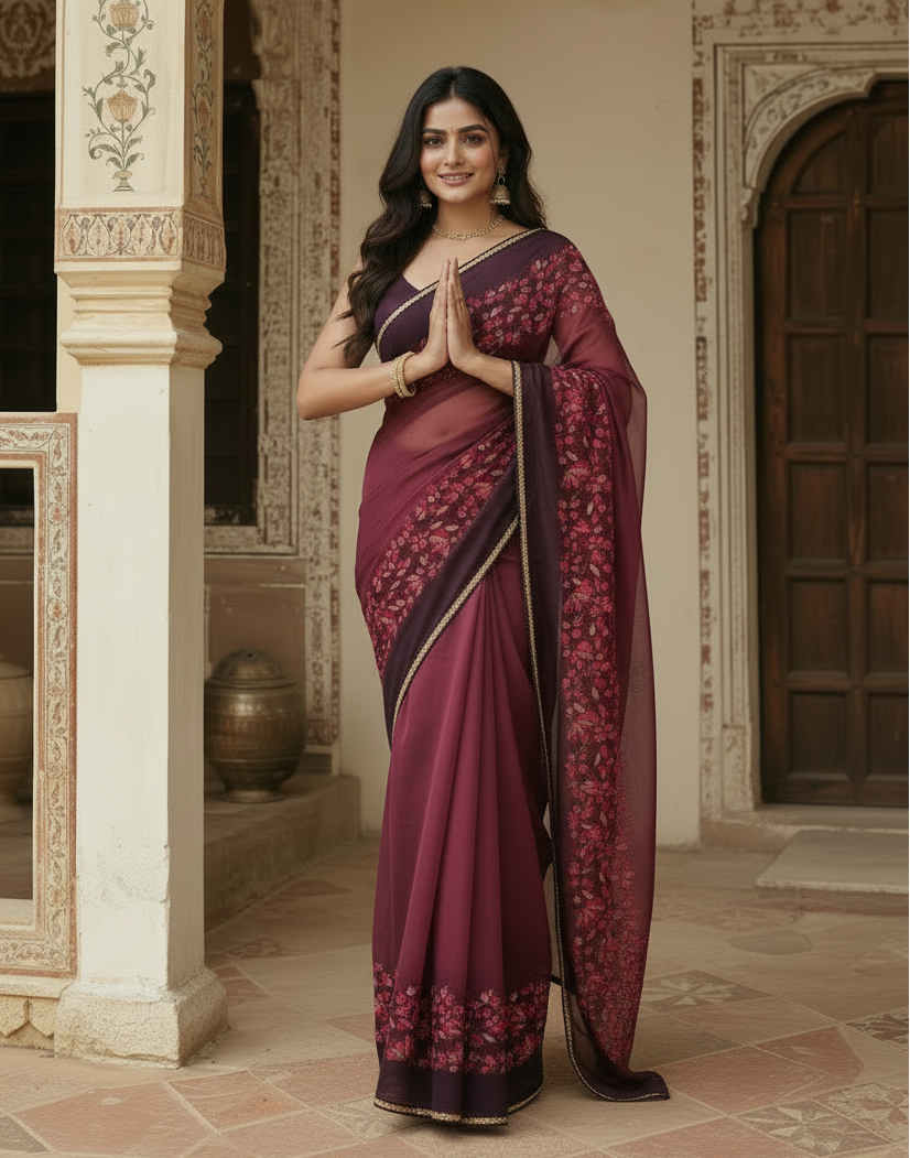 Georgette Floral Printed Saree With Unstitched Blouse(Rani)