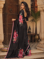Satin Silk Printed Saree With Unstitched Blouse(Black)