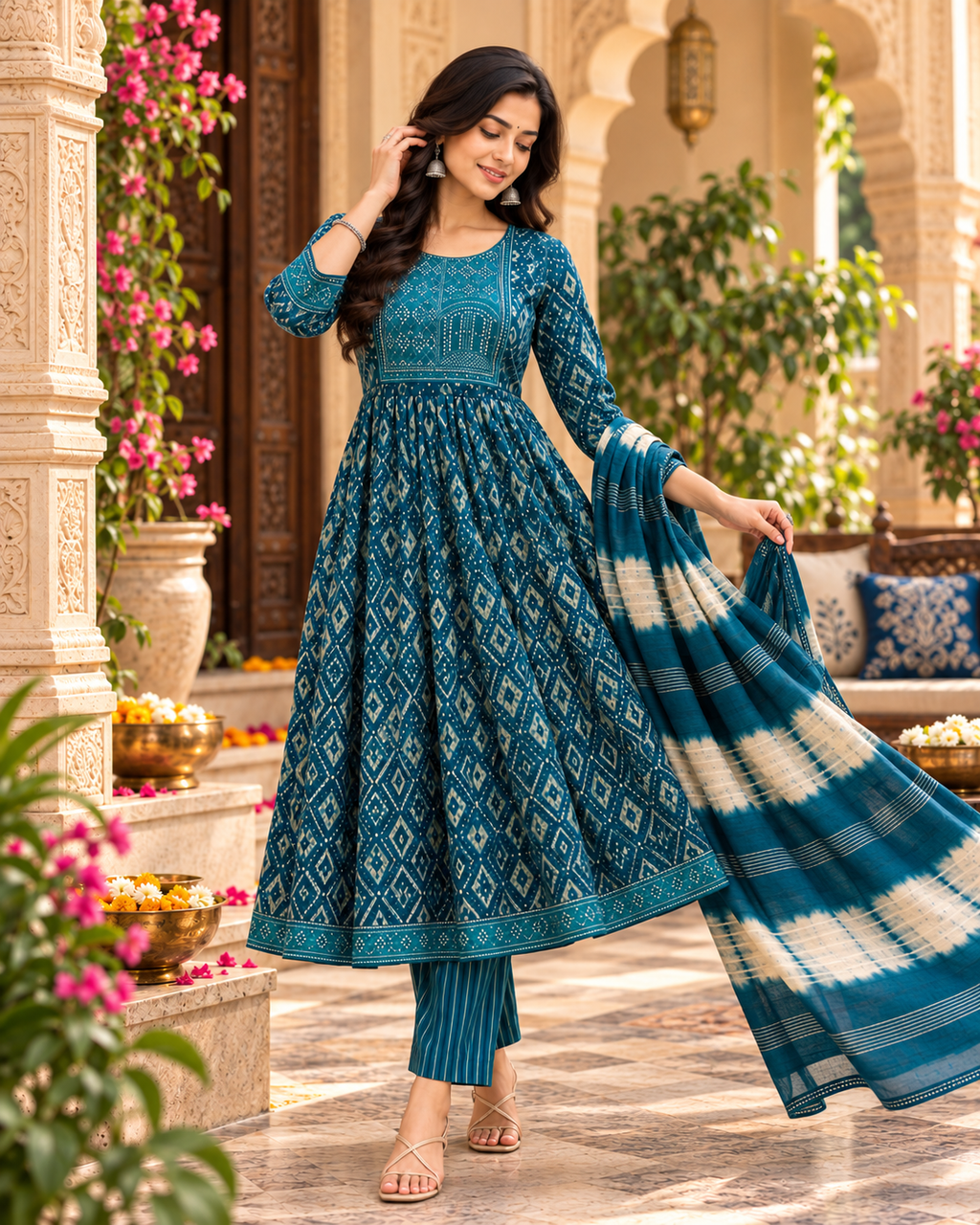 Cotton Kurti Pant Set With Dupatta(Blue)