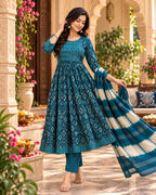 Cotton Kurti Pant Set With Dupatta(Blue)