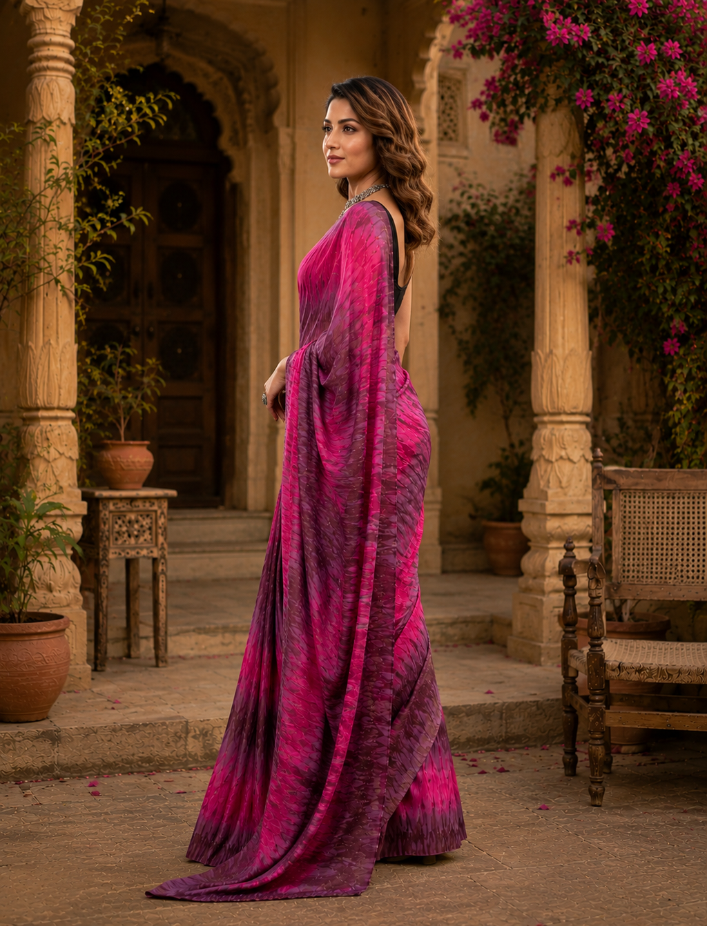 Soft Georgette Ready to Wear Saree With Unstitched Blouse(Pink)