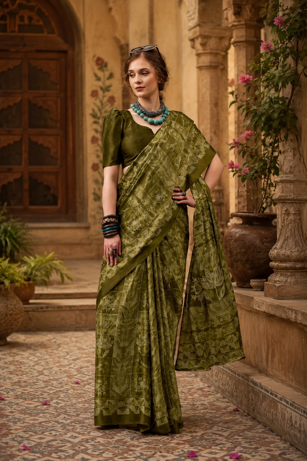 Satin Silk Designer Saree With Unstitched Blouse(Green)