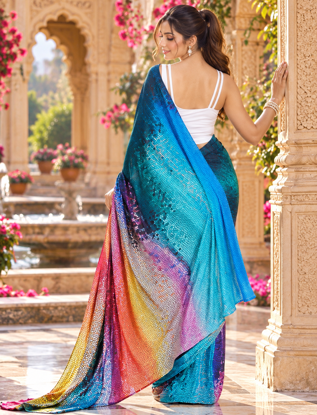 Satin Silk Printed Saree With Unstitched(Sky Blue)