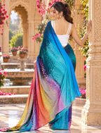 Satin Silk Printed Saree With Unstitched(Sky Blue)