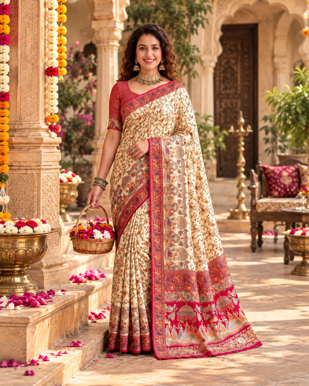 Gajji Silk Ajrakh Printed Saree With Unstitched Blouse(White)