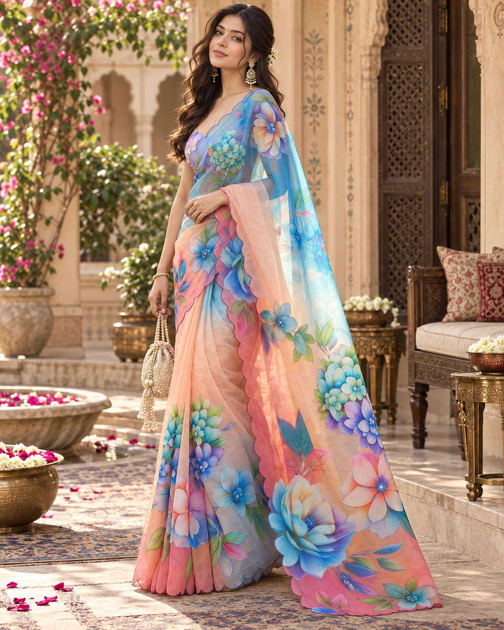 Georgette Digital Print Saree With Unstitched Blouse(Peach)