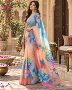 Georgette Digital Print Saree With Unstitched Blouse(Peach)