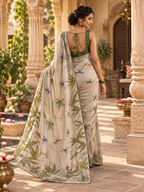 Pure Tissue Silk Floral Printed Saree With Unstitched Blouse(Green)