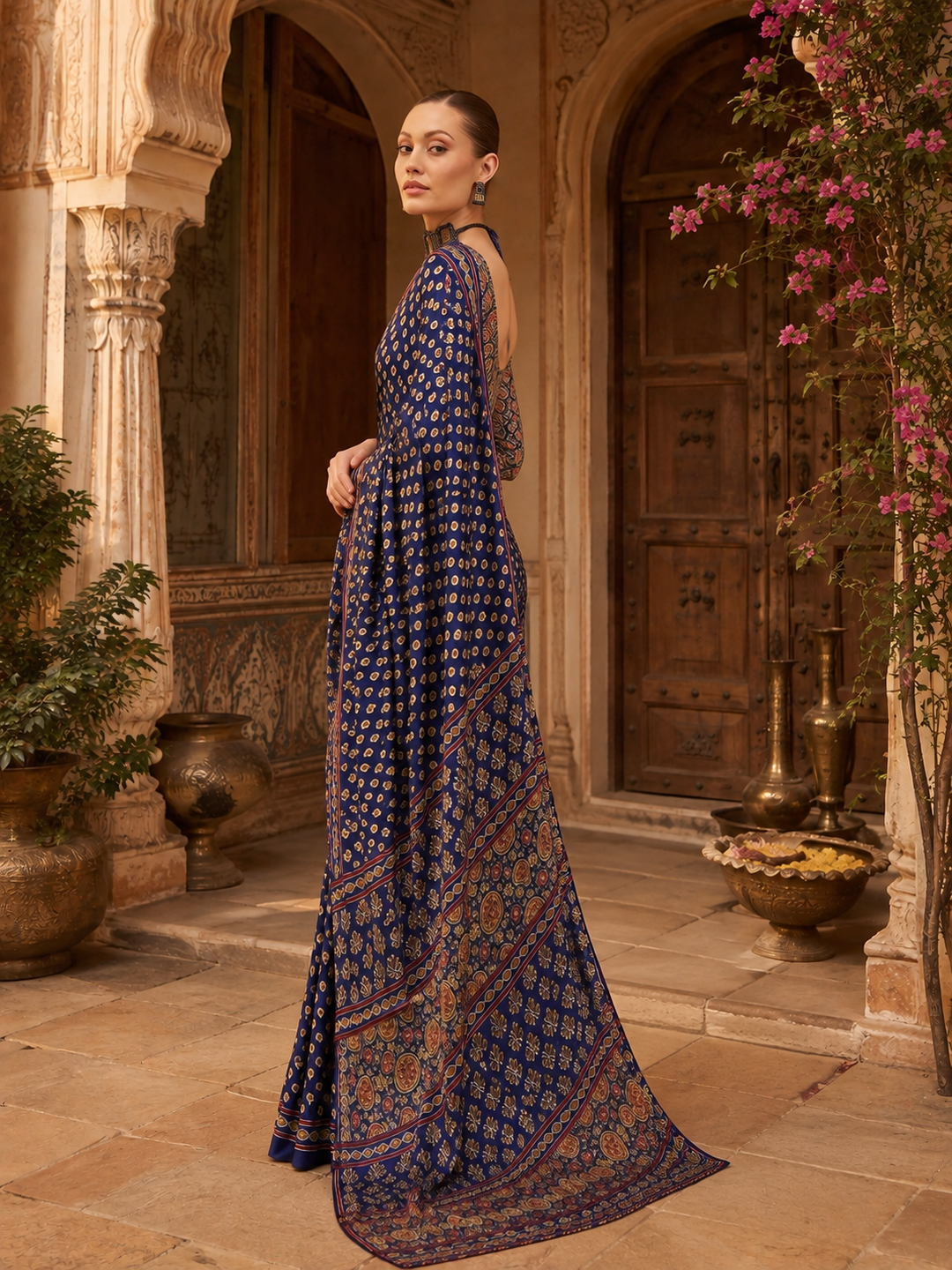 Crepe Silk Ajrakh Print Saree With Unstitched Blouse(Blue)