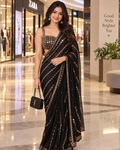 Pure Georgette Original Mirror Embroidery Work Saree With Unstitched Blouse(Black)