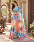 Georgette Digital Print Saree With Unstitched Blouse(Peach)