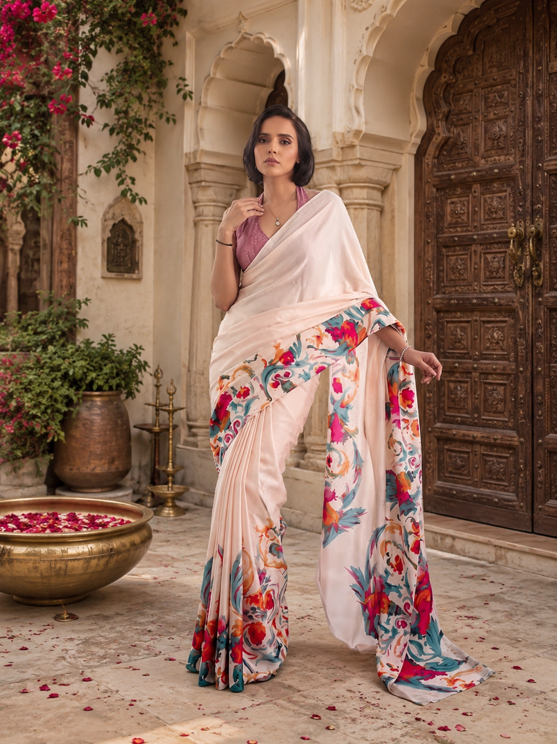 Satin Silk Printed Saree With Unstitched Blouse(Cream)