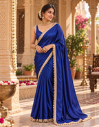 Satin Silk Golden Lace Border Work Saree With Unstitched Blouse(Blue)