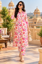 Roman Silk Kurti Pant Set(Pink)