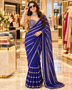 Pure Georgette Original Mirror Embroidery Work Saree With Unstitched Blouse(Whale Blue)