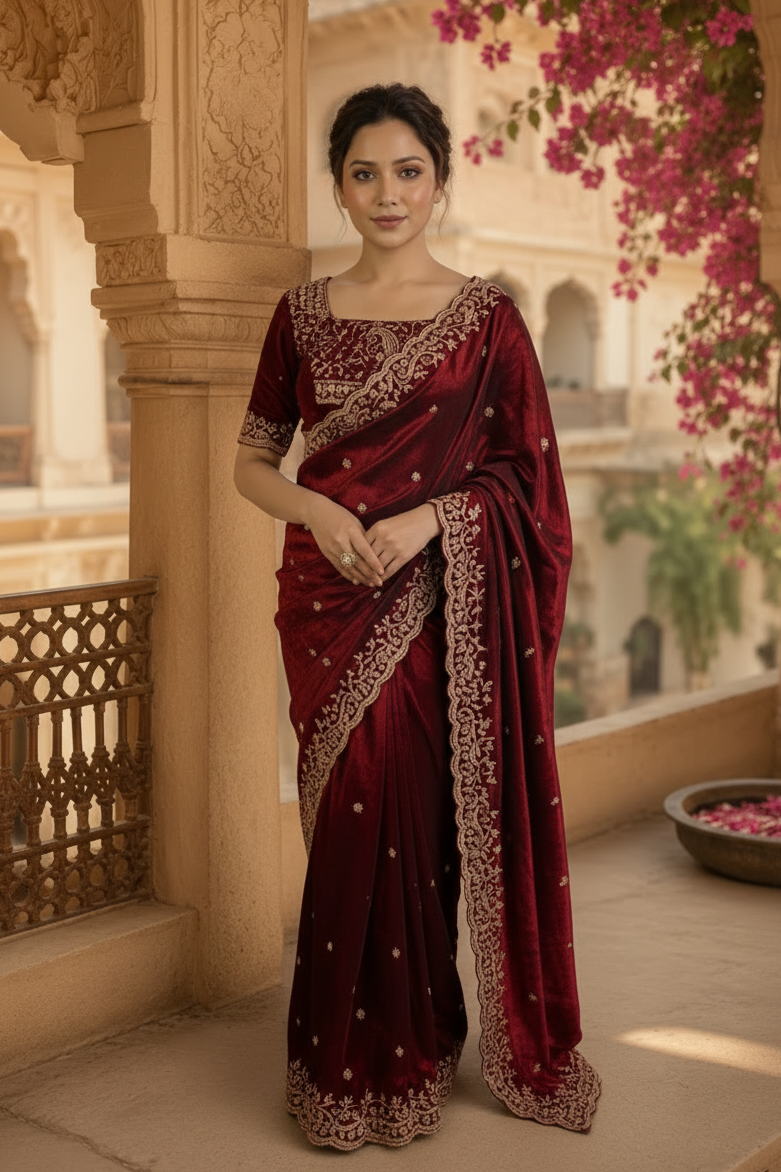 Satin Silk Embroidery Work Saree With Unstitched Blouse(Wine)