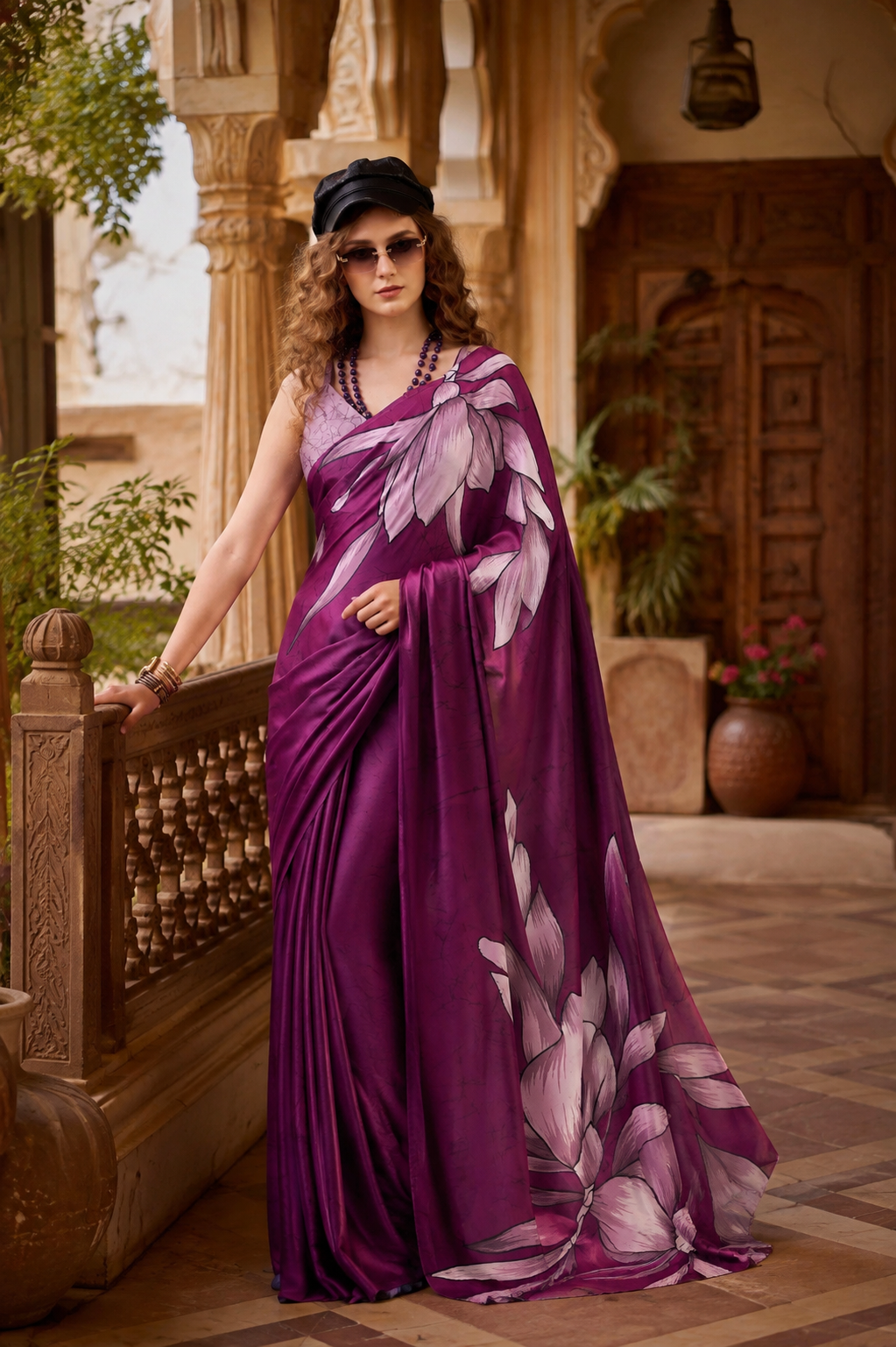 Stunning Satin Silk Floral Printed Saree With Unstitched Blouse(Wine)
