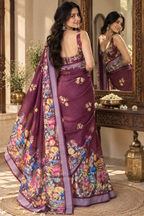Linen Silver Zari Border Fumka Latakan Saree With Zari Border Unstitched Blouse (Wine)