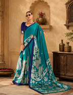 Satin Silk Kalamkari Print Saree With Unstitched Blouse(Green)