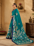 Satin Silk Kalamkari Print Saree With Unstitched Blouse(Green)