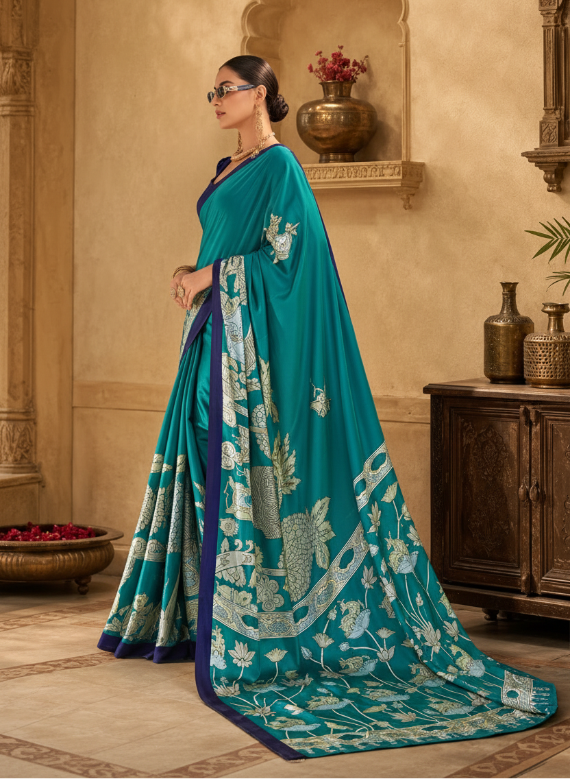 Satin Silk Kalamkari Print Saree With Unstitched Blouse(Green)