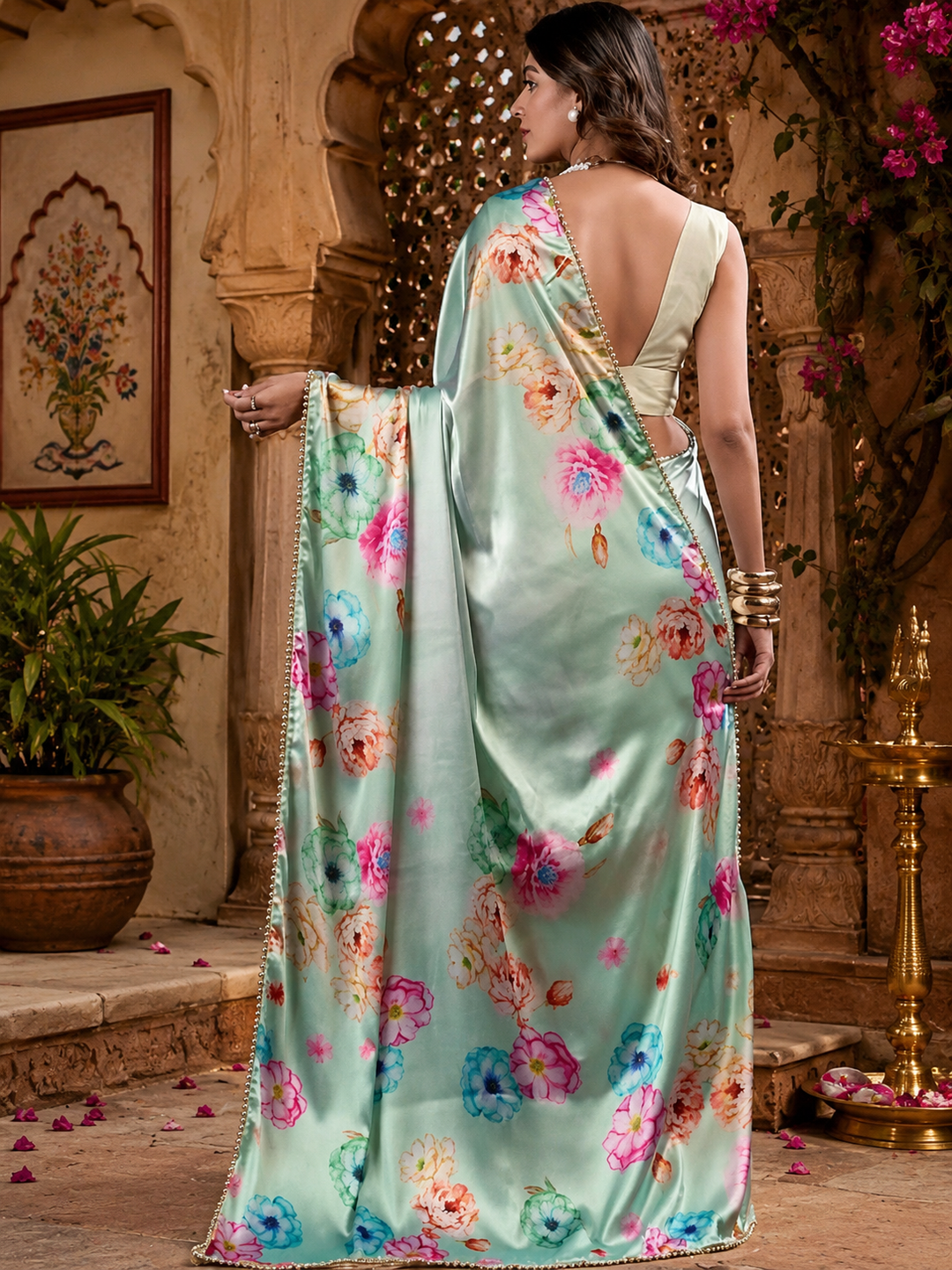 Satin Silk Party Wear Saree With Unstitched Blouse(Green)