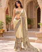 Pure Silk Mirror Work Border Handcrafted Tassels Latkan Saree With Unstitched Blouse(Ivory)