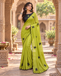 Georgette Sequins Work Saree With Unstitched Blouse(Green)