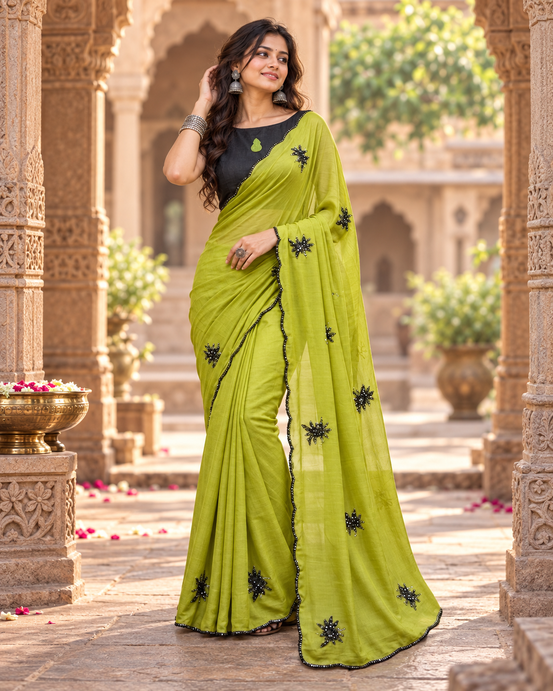 Georgette Sequins Work Saree With Unstitched Blouse(Green)