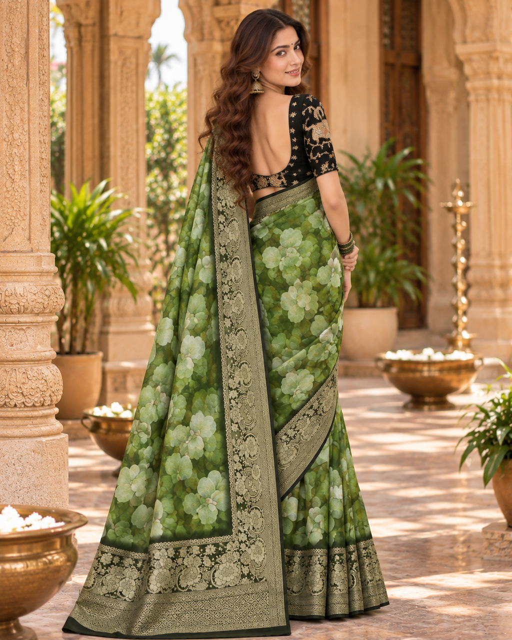 Chiffon Silk Printed Saree With Unstitched Blouse(Green)