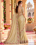Pure Silk Handprint Cutdana Border Work Saree With Unstitched Blouse(Beige)