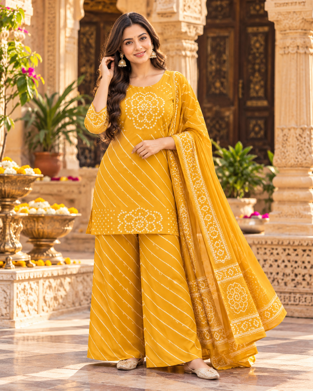 Cotton Kurti Palazzo Set With Dupatta(Yellow)