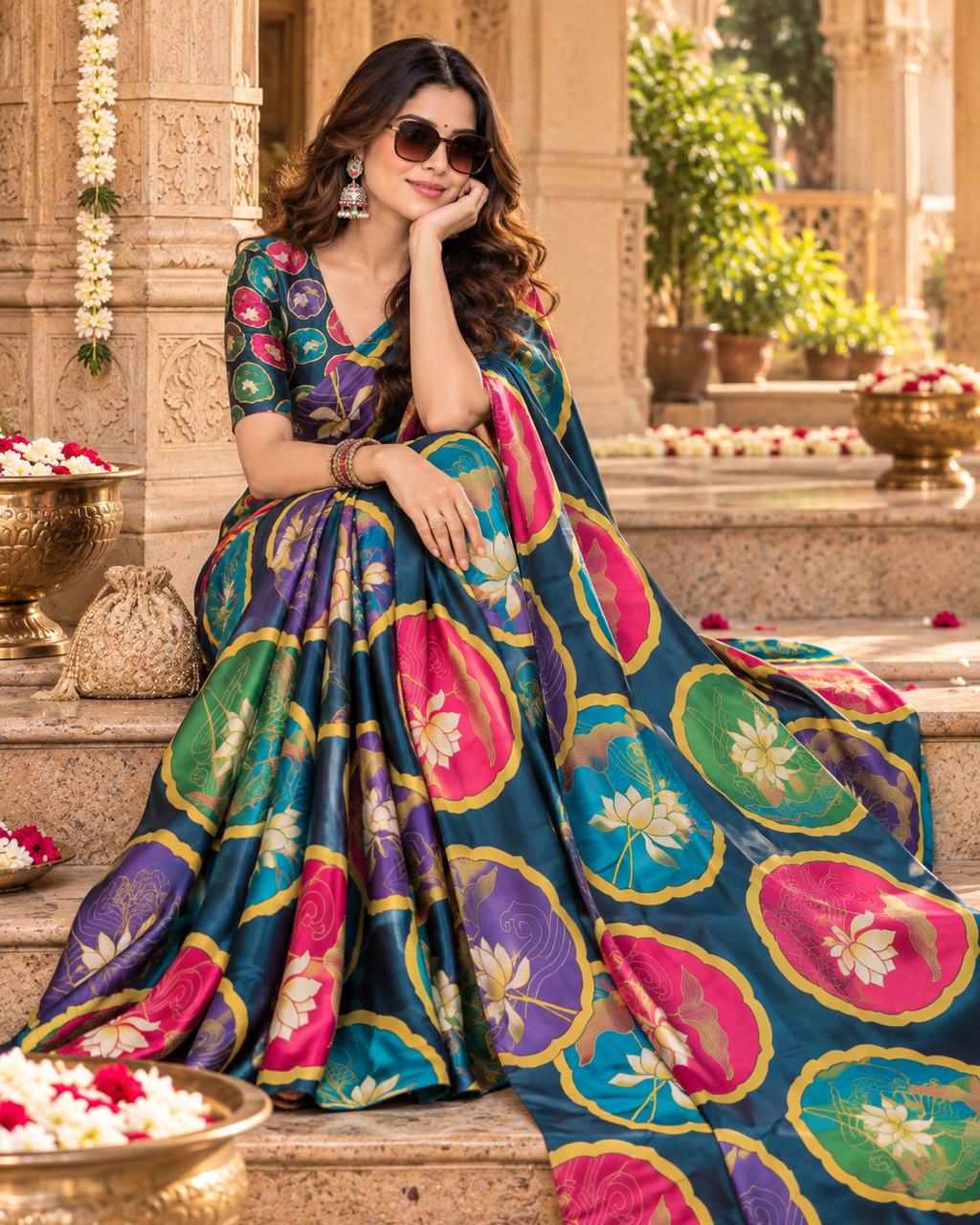 Satin Silk Printed saree With Unstitched Blouse(Morpich)