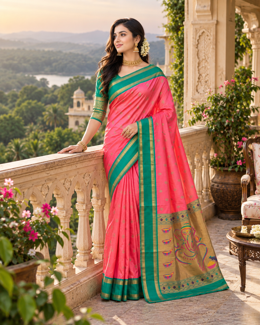 Premium Paithani Katan Silk Butti Saree With Zari Border Unstitched Blouse (Pink)