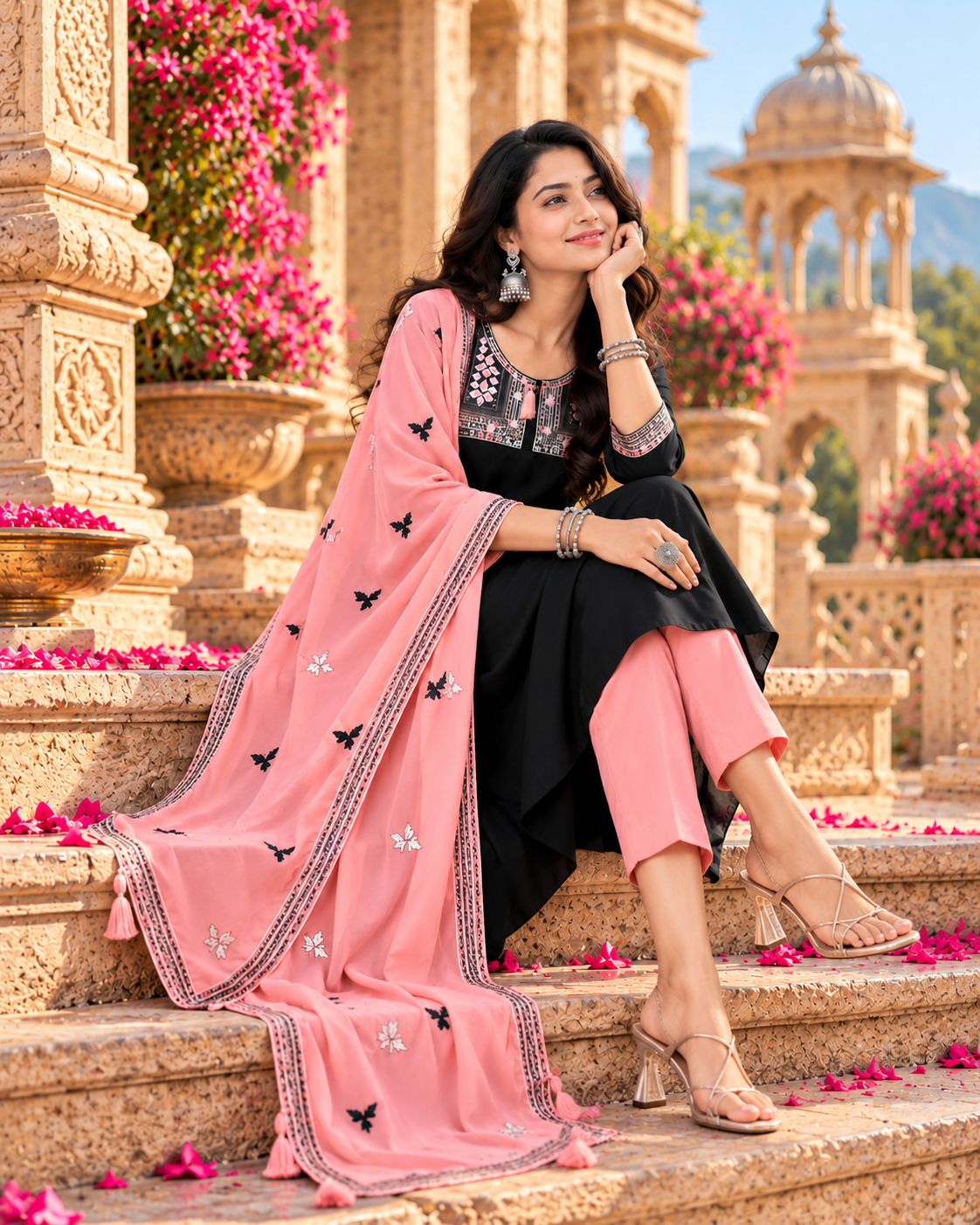 Roman Silk Embroidery Work Anarkali Kurti Pant Set With Dupatta(Black)