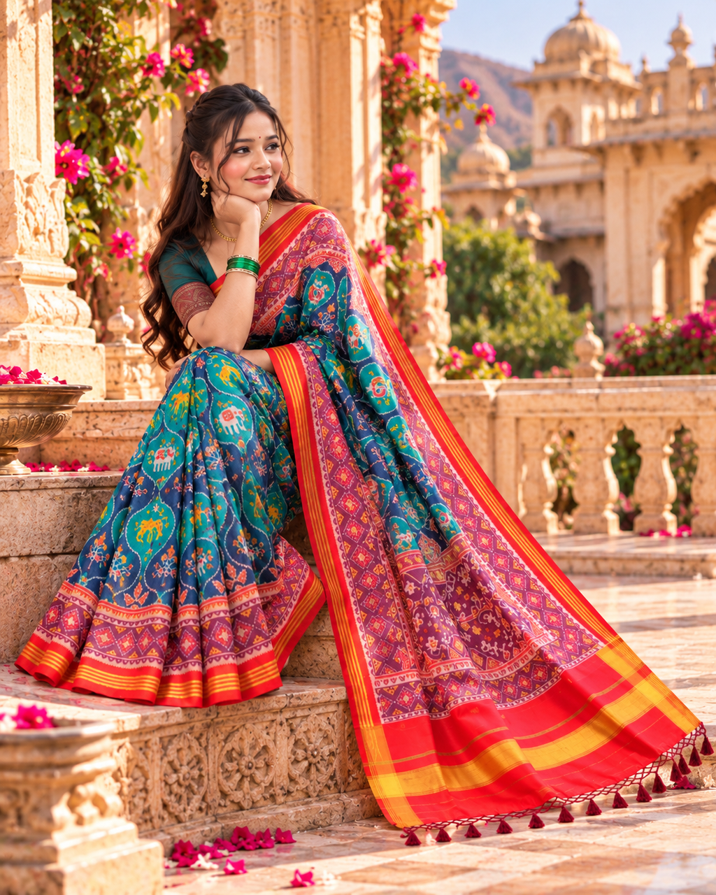 Soft Patola Silk Ikkat DPrint Saree With Unstitched Blouse(Blue)