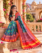 Soft Patola Silk Ikkat DPrint Saree With Unstitched Blouse(Blue)