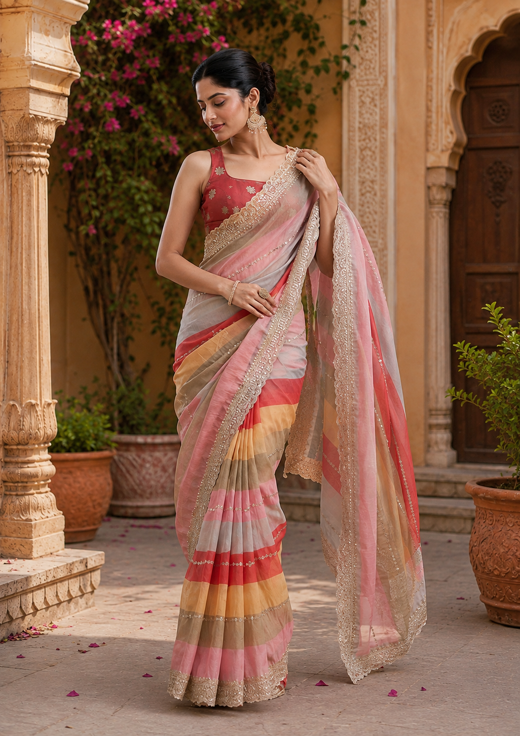 Premium Zari Border Silk Saree With Unstitched Blouse(Multicolor)