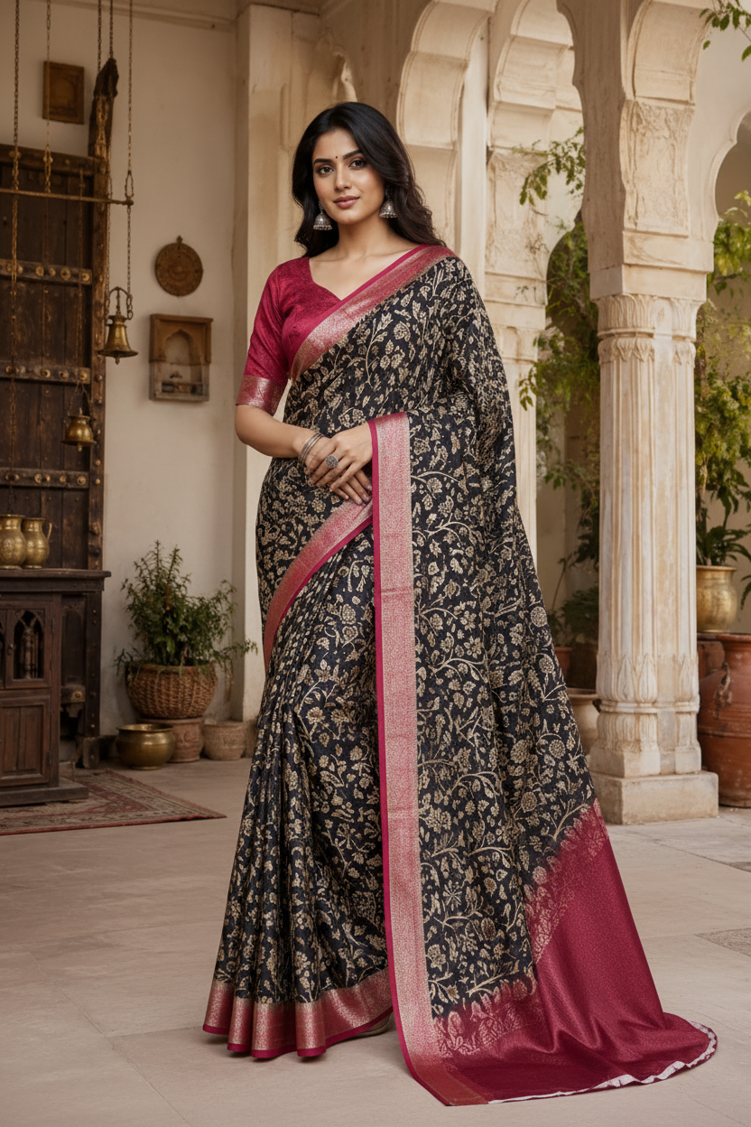 Tussar Silk Printed Saree With Unstitched Blouse(Black)