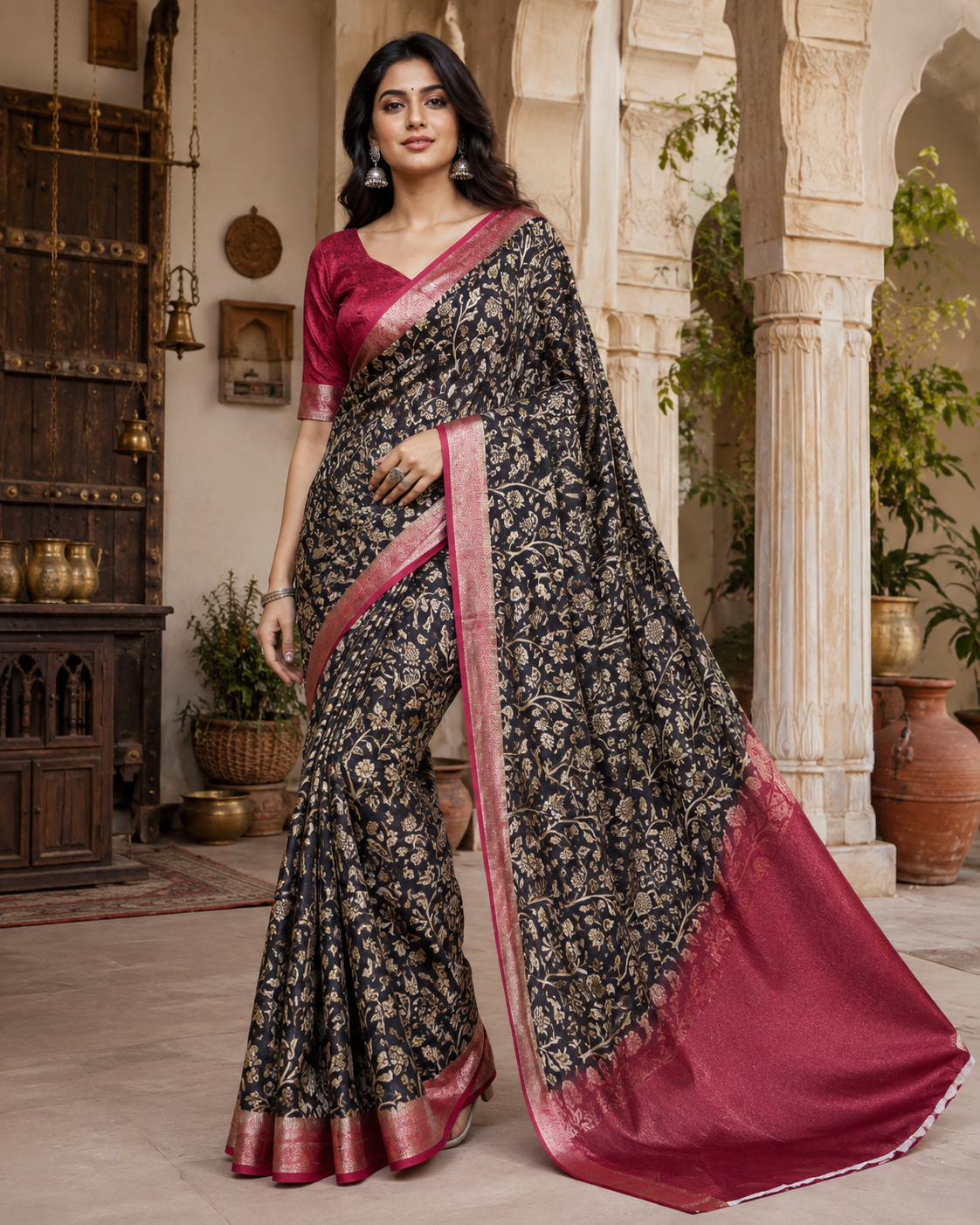 Tussar Silk Printed Saree With Unstitched Blouse(Black)