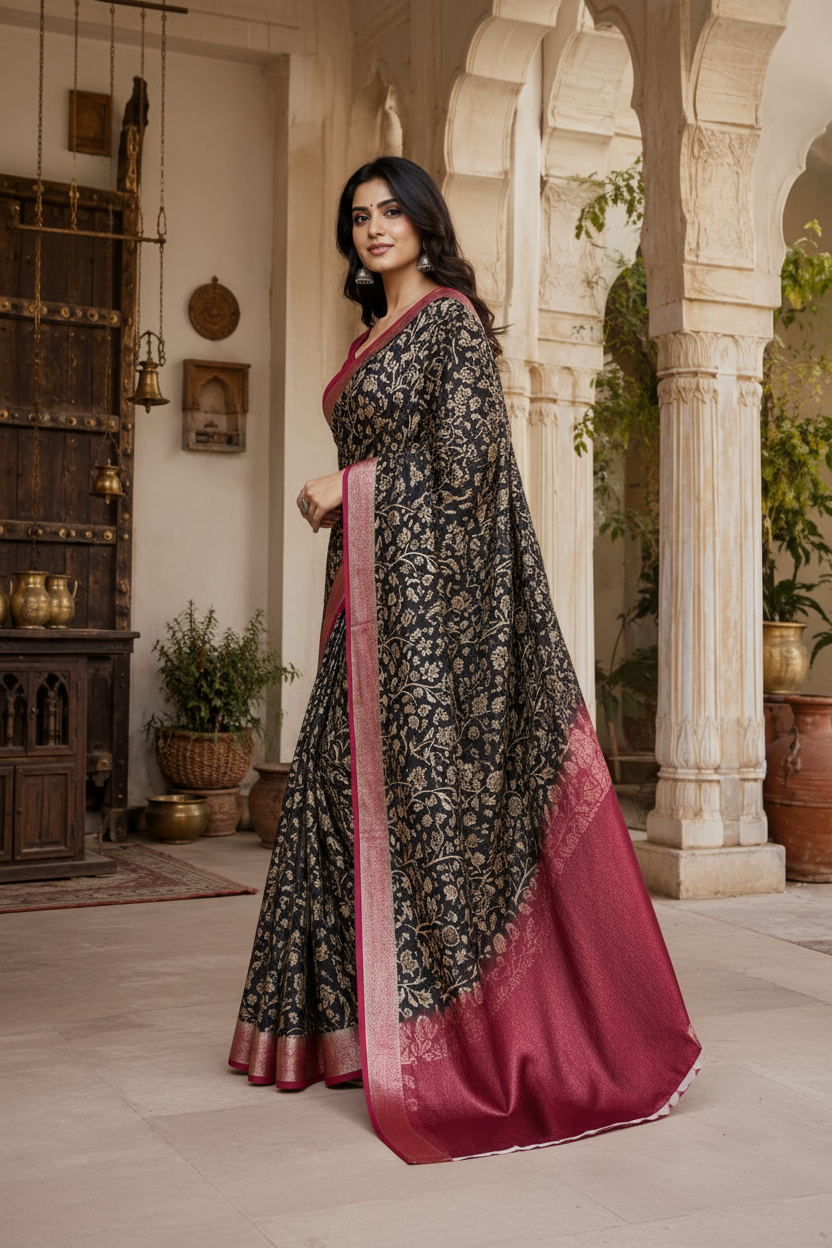 Tussar Silk Printed Saree With Unstitched Blouse(Black)