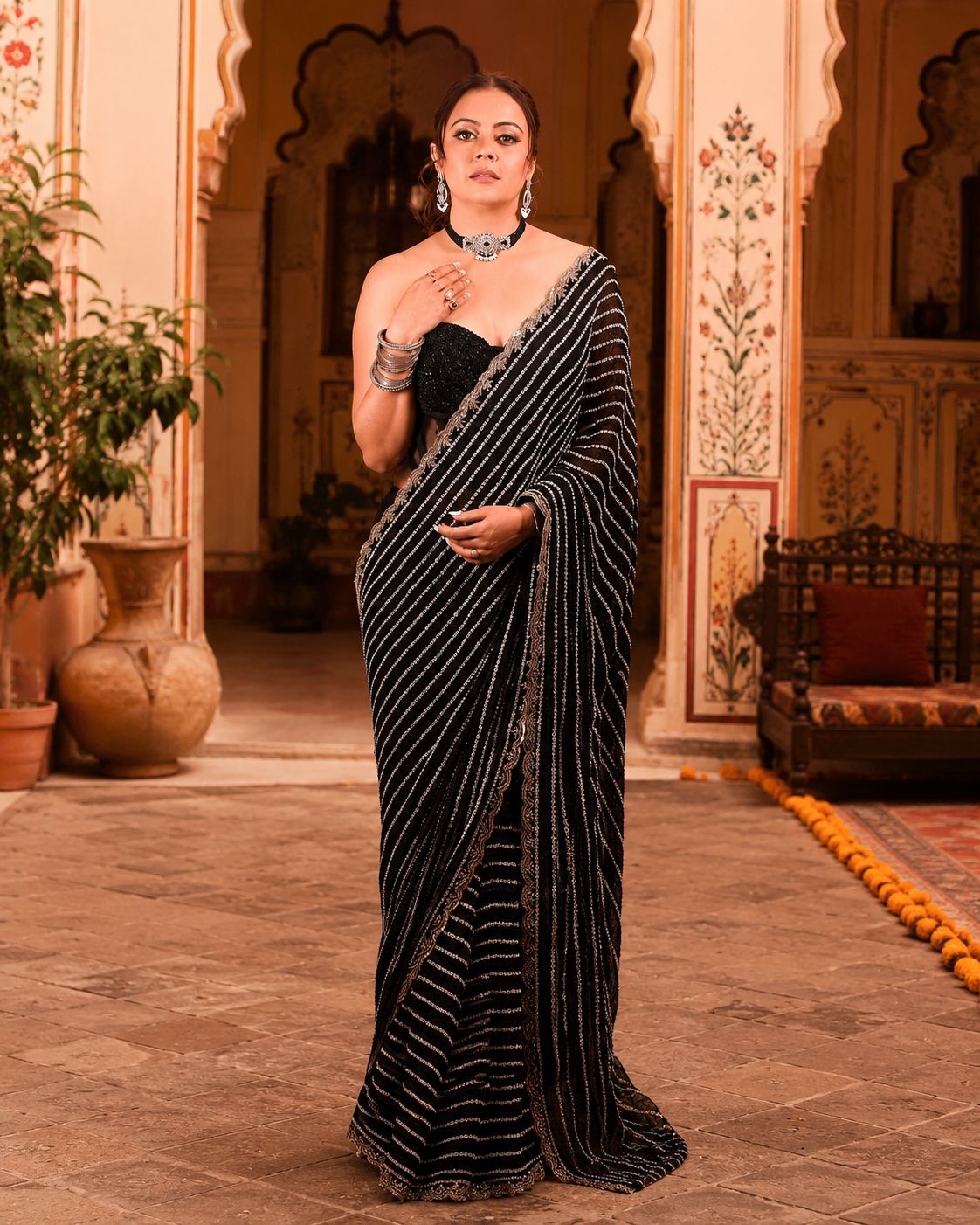 Georgette Sequins Embroidery Work Saree With Unstitched Blouse(Black)